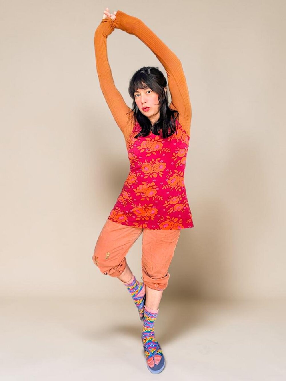 Gudrun Sjoden raspberry orange floral roses boho folk tunic top W's M